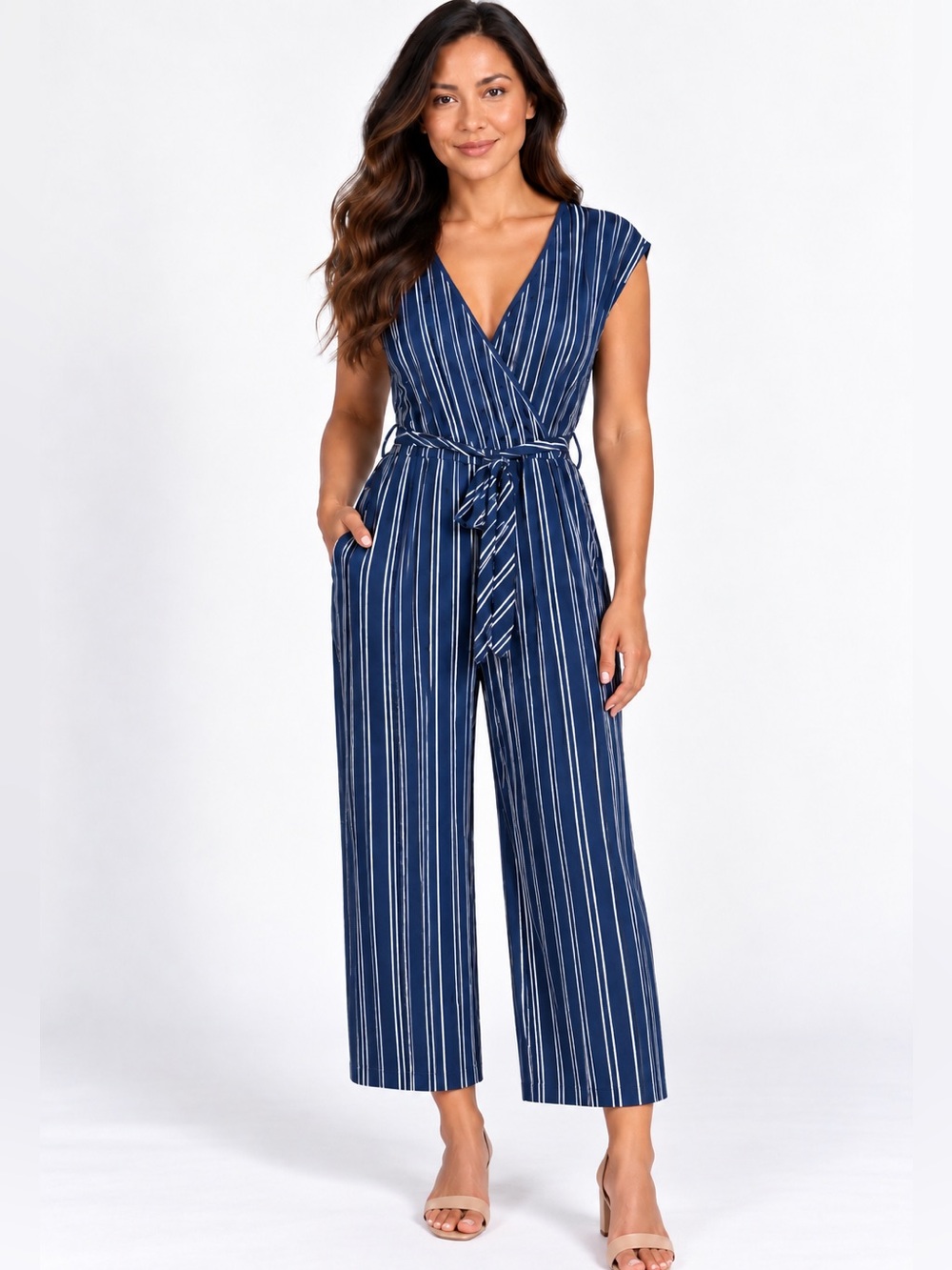 Caution to the Wind Navy & White Vertical Striped Faux-Wrap Jumpsuit